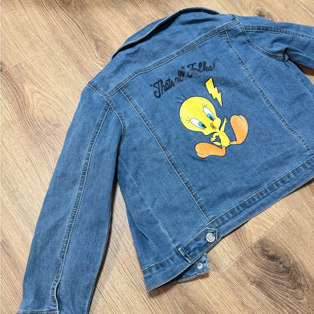 Vintage Looney Tunes Tweety Bird Jean Denim Jacket GIRLS SIZE L 10-12‎